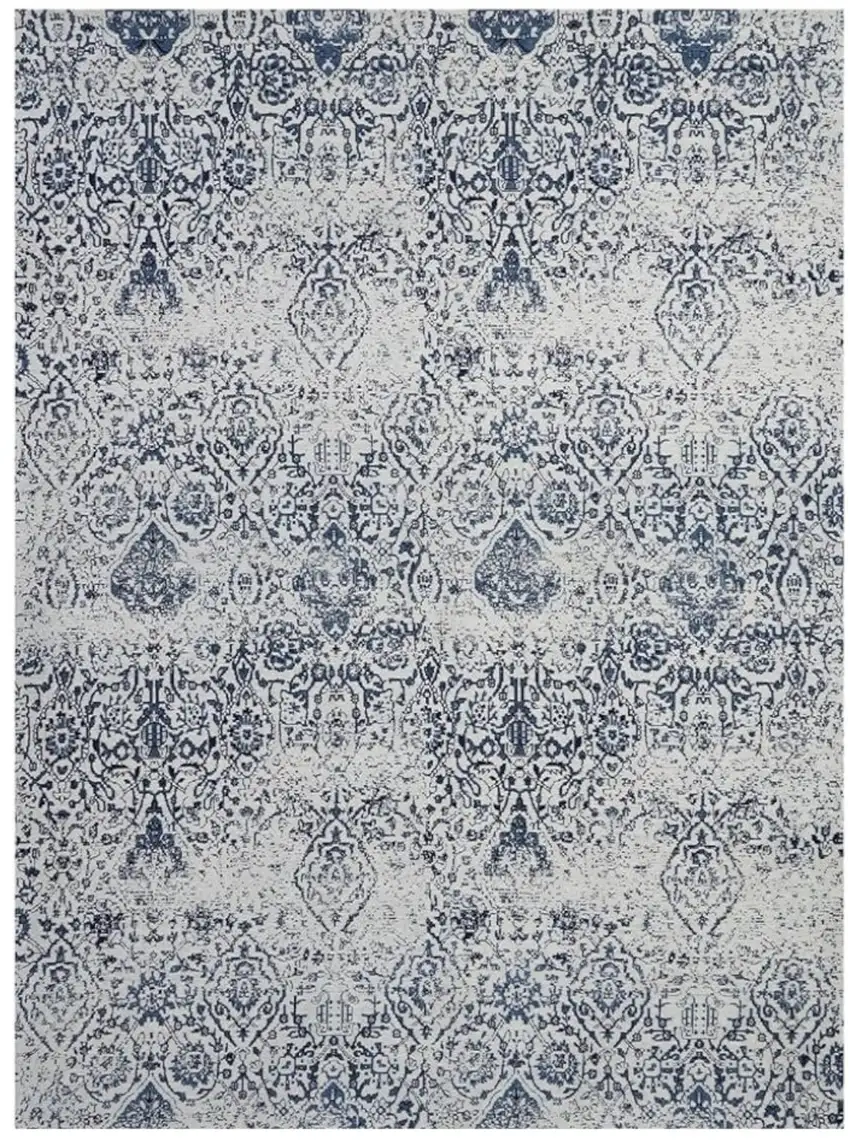 Navy Blue And Ivory Damask Distressed Area Rug Photo 1
