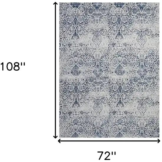 Navy Blue And Ivory Damask Distressed Area Rug Photo 8