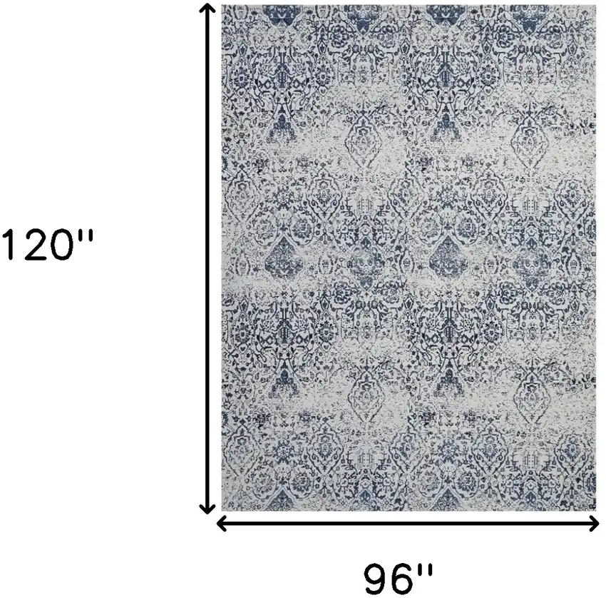 Navy Blue And Ivory Damask Distressed Area Rug Photo 9