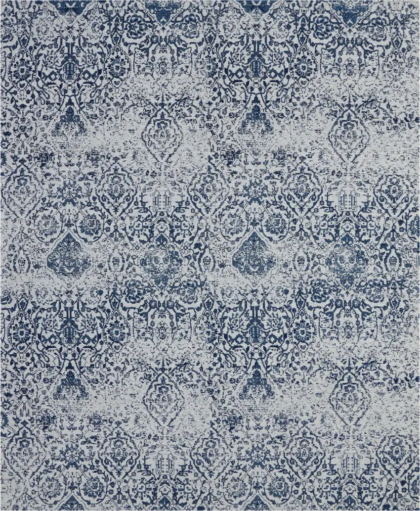 Navy Blue And Ivory Damask Distressed Area Rug Photo 1