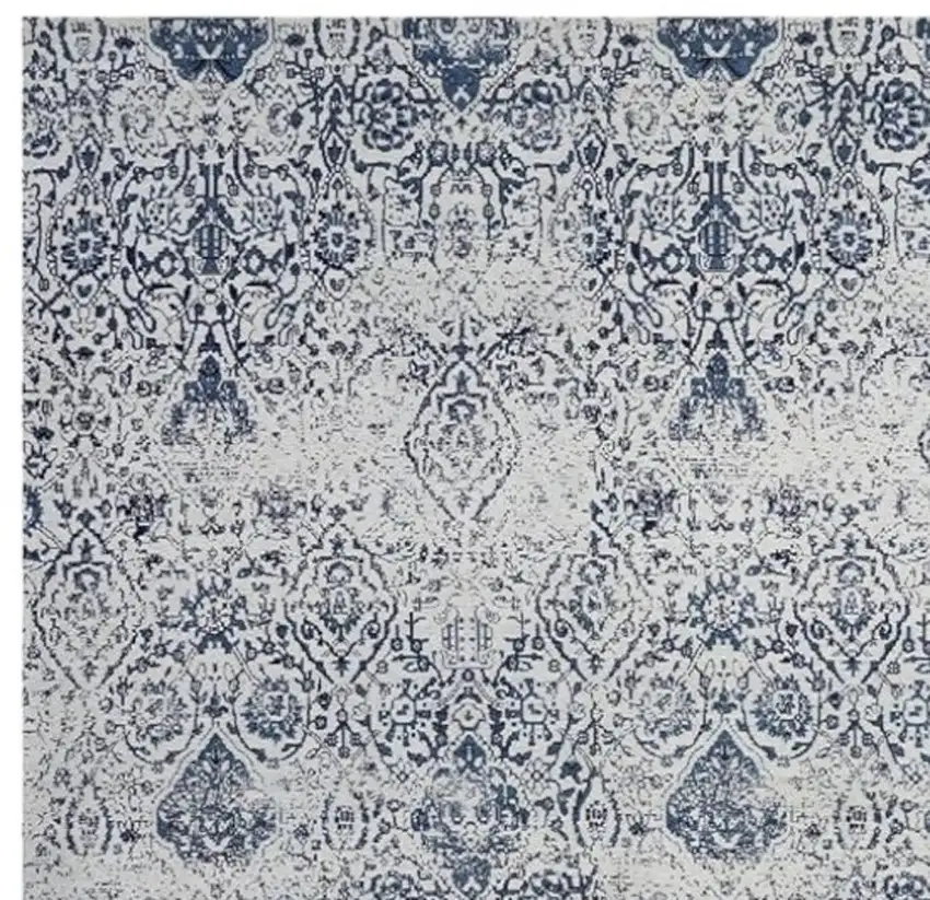 Navy Blue And Ivory Damask Distressed Area Rug Photo 3
