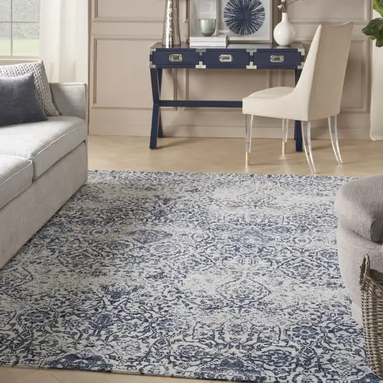 Navy Blue And Ivory Damask Distressed Area Rug Photo 3