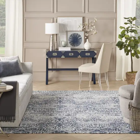 Navy Blue And Ivory Damask Distressed Area Rug Photo 4