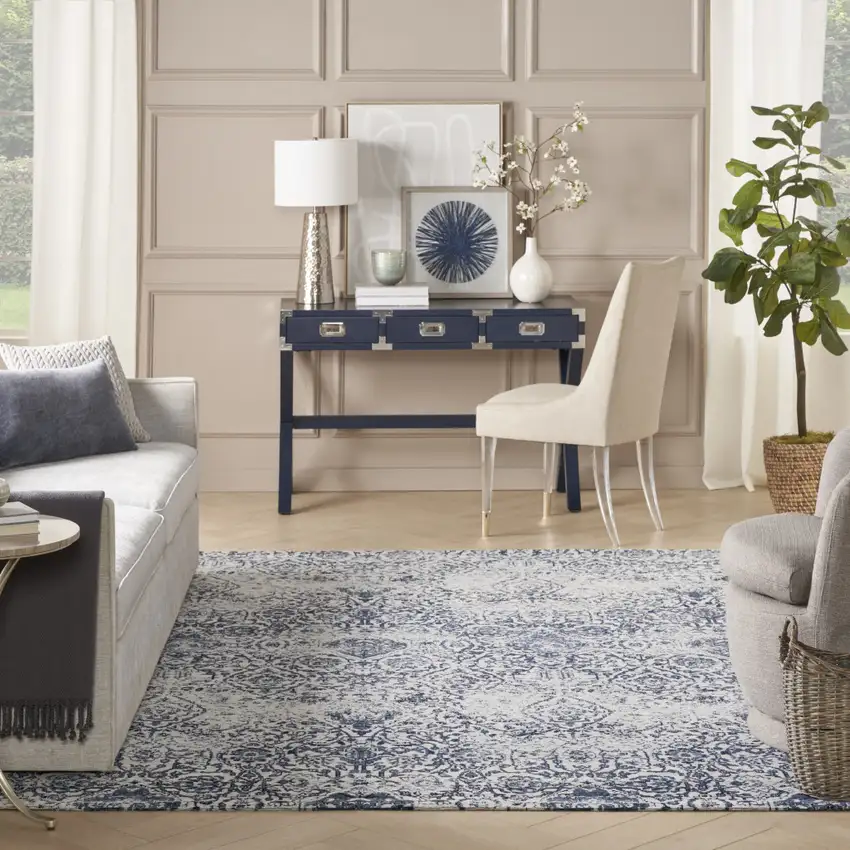 Navy Blue And Ivory Damask Distressed Area Rug Photo 4