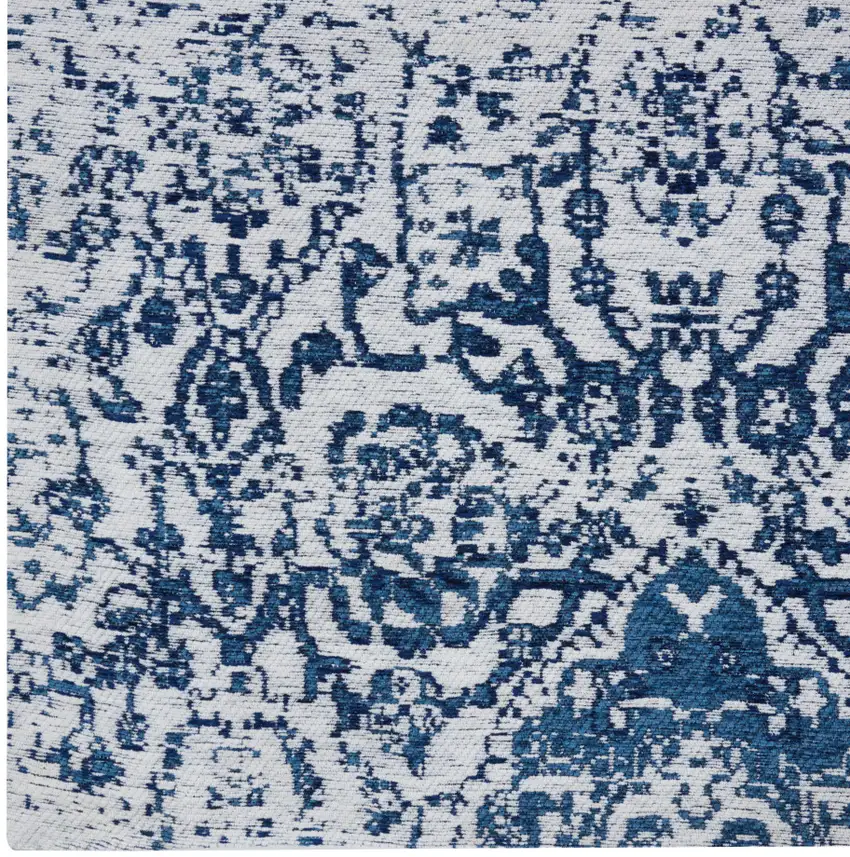Navy Blue And Ivory Damask Distressed Area Rug Photo 6