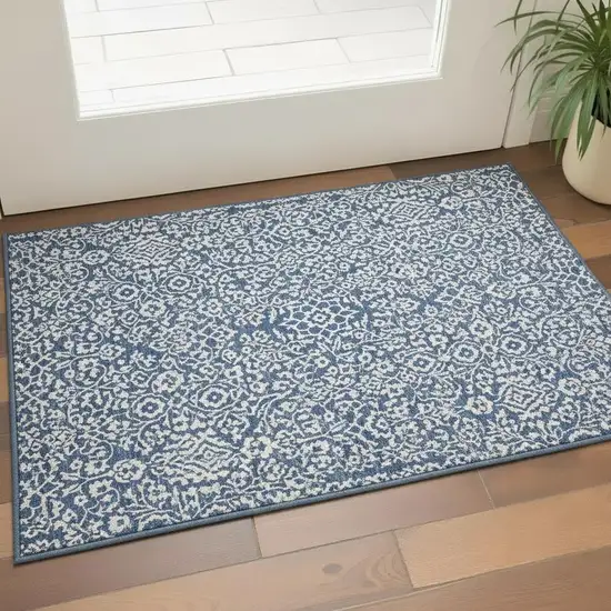 Navy Blue And Ivory Damask Washable Area Rug With UV Protection Photo 2