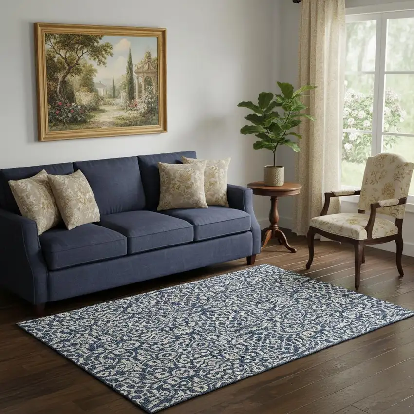 Navy Blue And Ivory Damask Washable Area Rug With UV Protection Photo 1