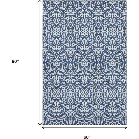Navy Blue And Ivory Damask Washable Area Rug With UV Protection Photo 3