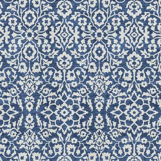 Navy Blue And Ivory Damask Washable Area Rug With UV Protection Photo 3