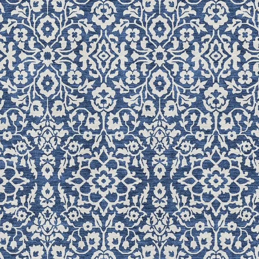Navy Blue And Ivory Damask Washable Area Rug With UV Protection Photo 3