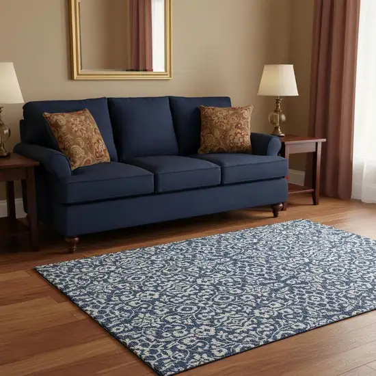 Navy Blue And Ivory Damask Washable Area Rug With UV Protection Photo 2