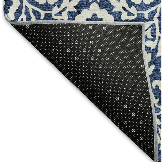 Navy Blue And Ivory Damask Washable Area Rug With UV Protection Photo 7