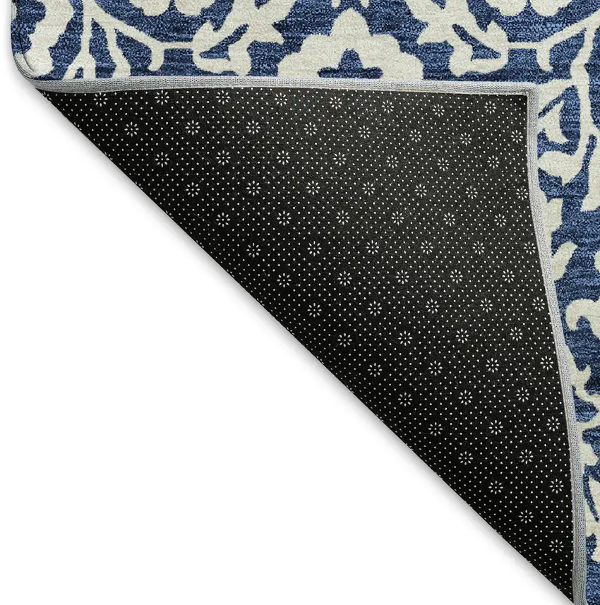 Navy Blue And Ivory Damask Washable Area Rug With UV Protection Photo 7
