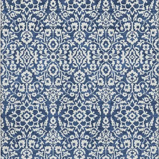 Navy Blue And Ivory Damask Washable Area Rug With UV Protection Photo 4