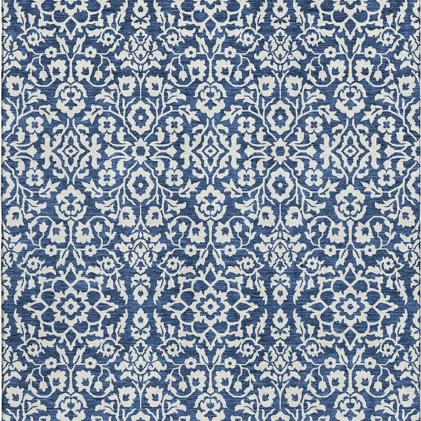 Navy Blue And Ivory Damask Washable Area Rug With UV Protection Photo 4