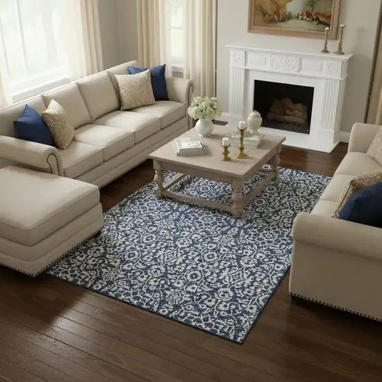 Navy Blue And Ivory Damask Washable Area Rug With UV Protection Photo 2