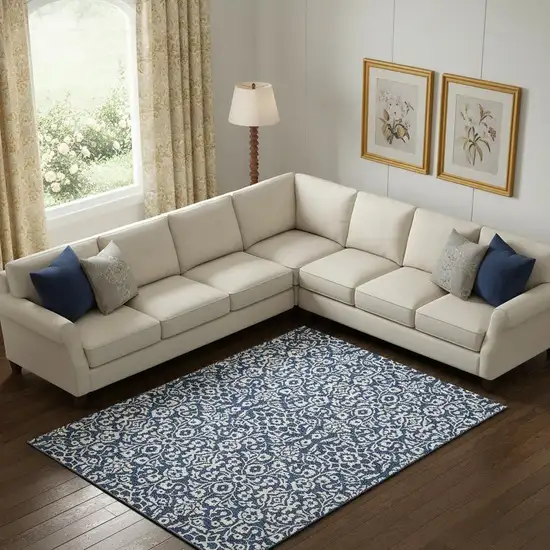 Navy Blue And Ivory Damask Washable Area Rug With UV Protection Photo 1