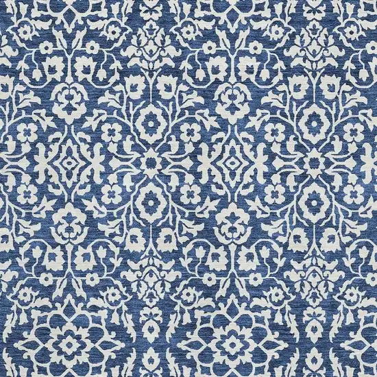 Navy Blue And Ivory Damask Washable Area Rug With UV Protection Photo 3