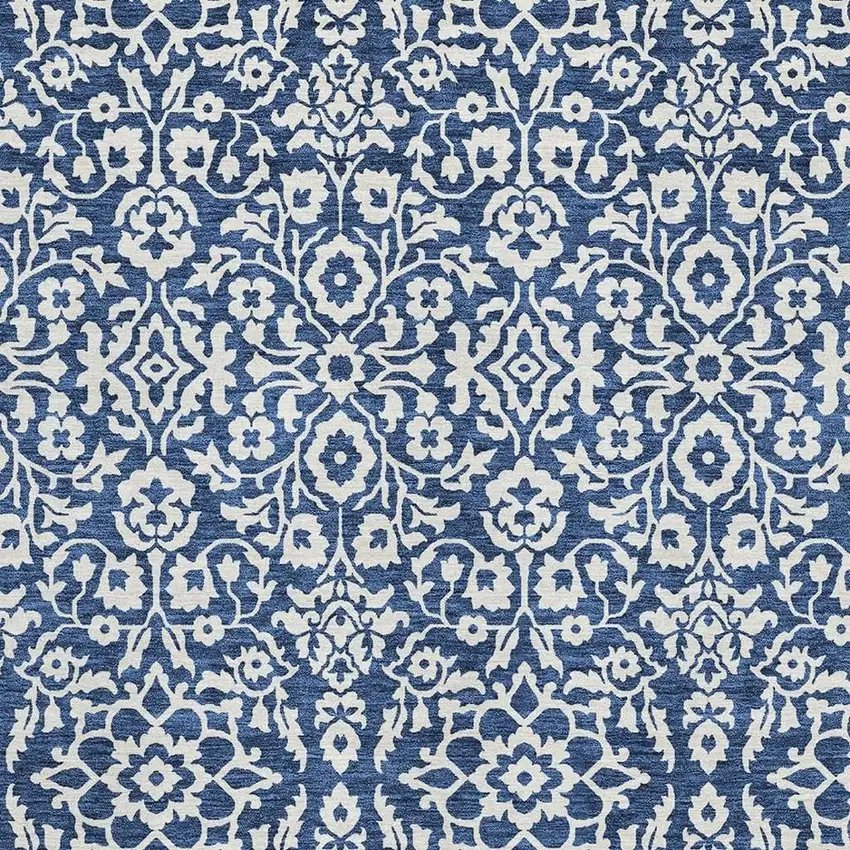 Navy Blue And Ivory Damask Washable Area Rug With UV Protection Photo 3
