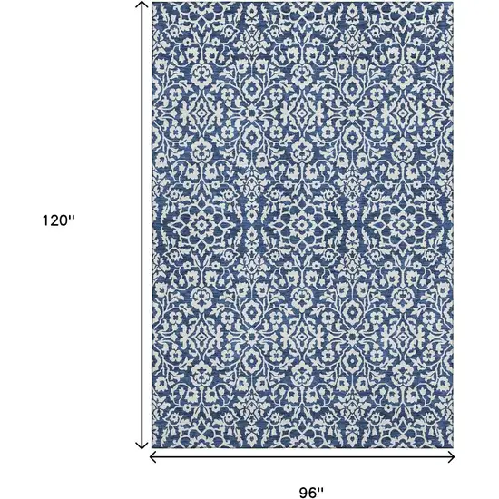 Navy Blue And Ivory Damask Washable Area Rug With UV Protection Photo 3