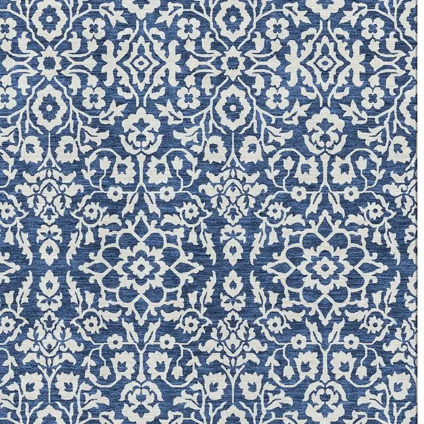 Navy Blue And Ivory Damask Washable Area Rug With UV Protection Photo 3