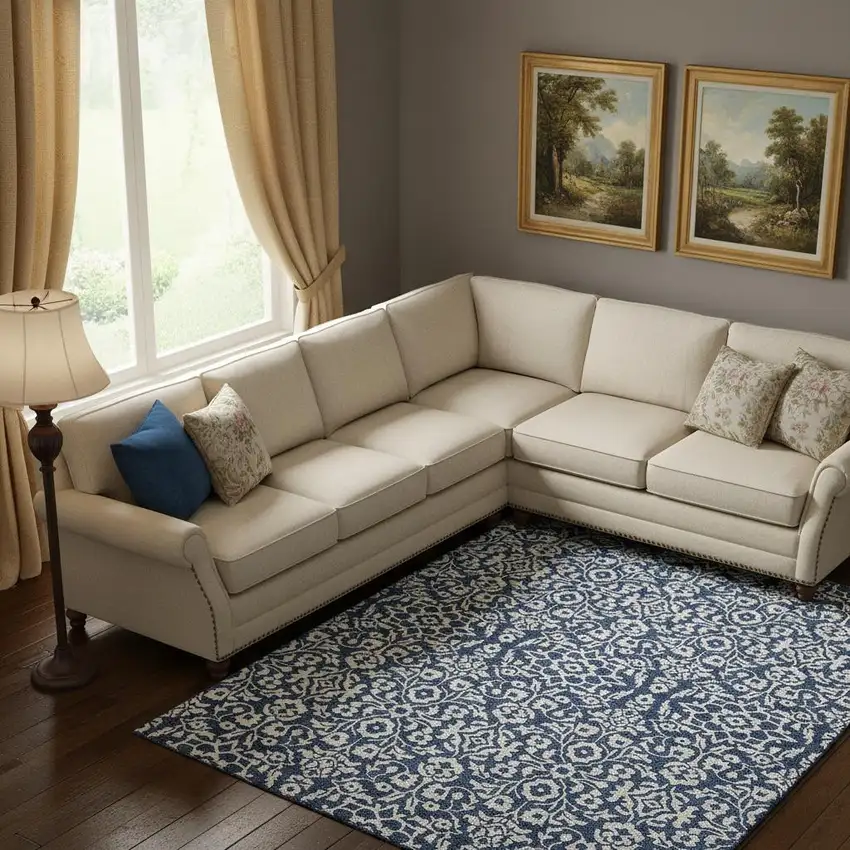 Navy Blue And Ivory Damask Washable Area Rug With UV Protection Photo 1