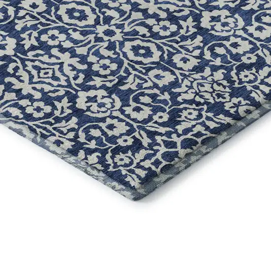 Navy Blue And Ivory Damask Washable Area Rug With UV Protection Photo 8