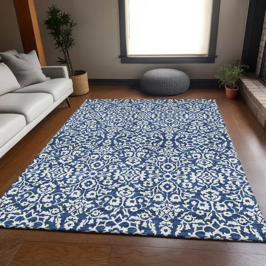 Navy Blue And Ivory Damask Washable Area Rug With UV Protection Photo 6
