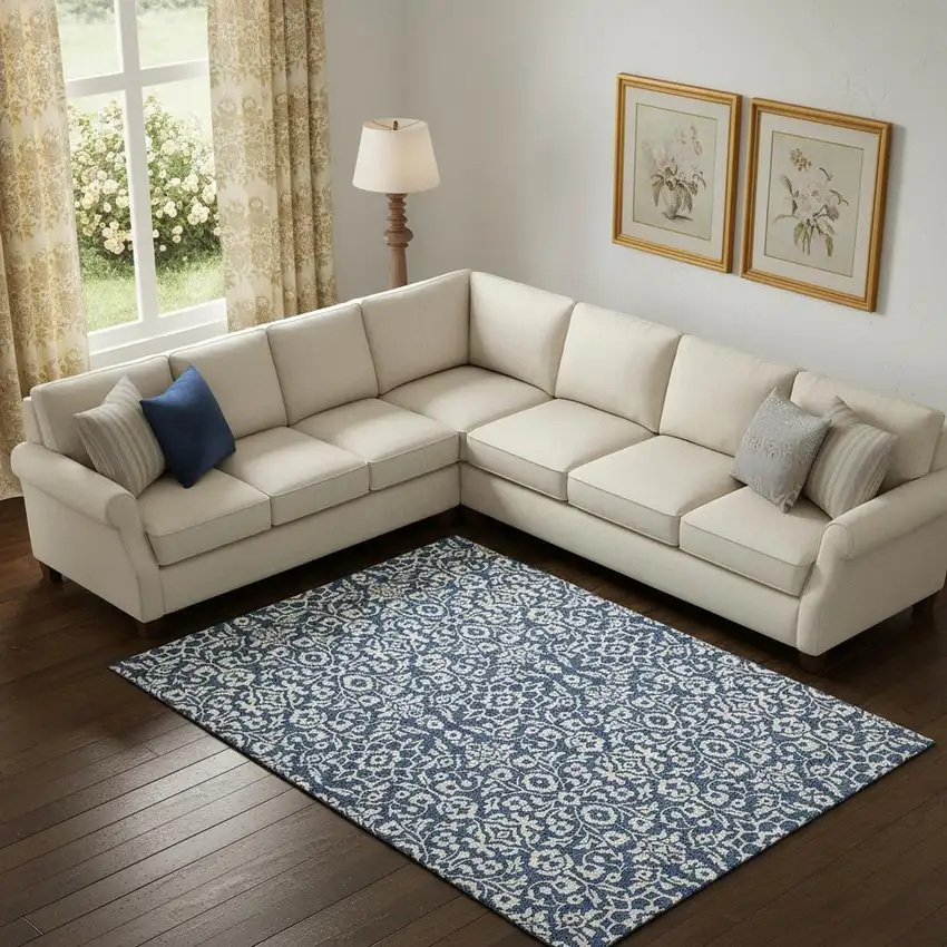 Navy Blue And Ivory Damask Washable Area Rug With UV Protection Photo 2
