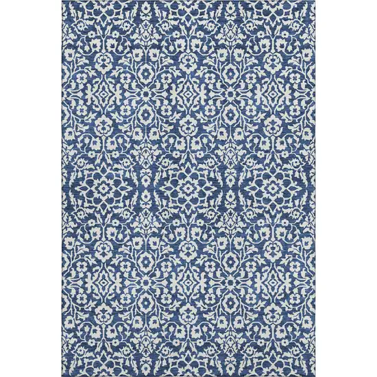 Navy Blue And Ivory Damask Washable Area Rug With UV Protection Photo 1