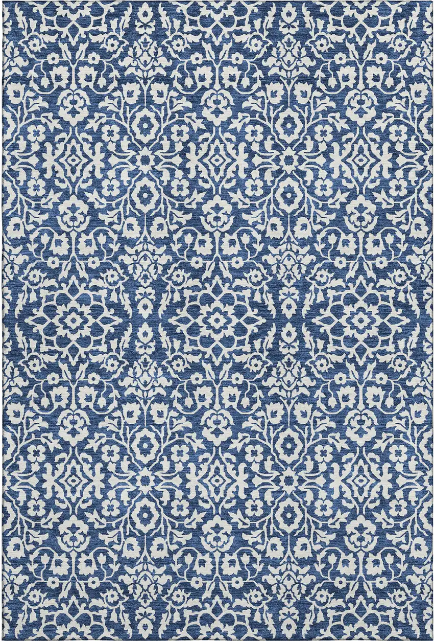 Navy Blue And Ivory Damask Washable Area Rug With UV Protection Photo 1