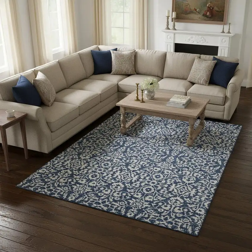 Navy Blue And Ivory Damask Washable Area Rug With UV Protection Photo 2