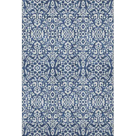 Navy Blue And Ivory Damask Washable Area Rug With UV Protection Photo 4