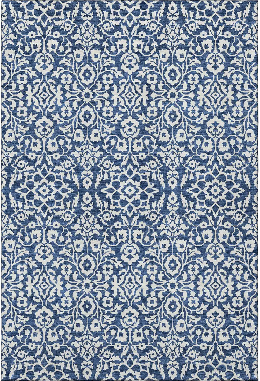 Navy Blue And Ivory Damask Washable Area Rug With UV Protection Photo 4