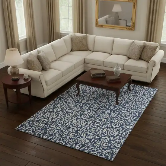 Navy Blue And Ivory Damask Washable Area Rug With UV Protection Photo 2