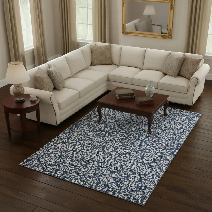 Navy Blue And Ivory Damask Washable Area Rug With UV Protection Photo 2