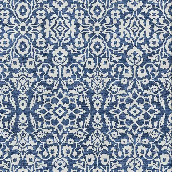 Navy Blue And Ivory Damask Washable Area Rug With UV Protection Photo 3