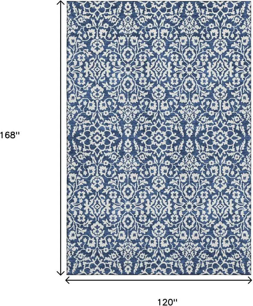 Navy Blue And Ivory Damask Washable Area Rug With UV Protection Photo 3