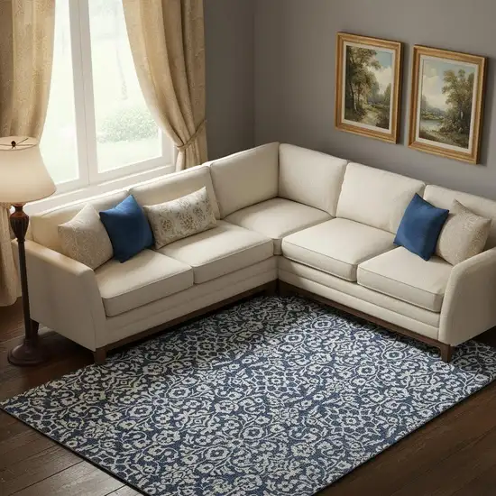 Navy Blue And Ivory Damask Washable Area Rug With UV Protection Photo 1