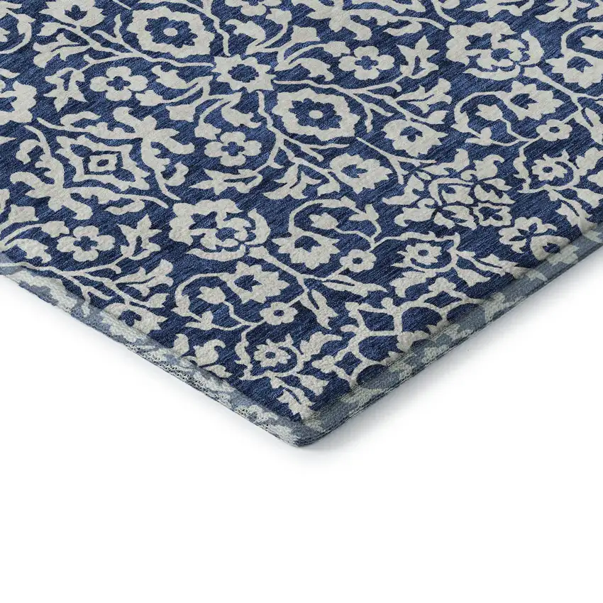 Navy Blue And Ivory Damask Washable Area Rug With UV Protection Photo 8