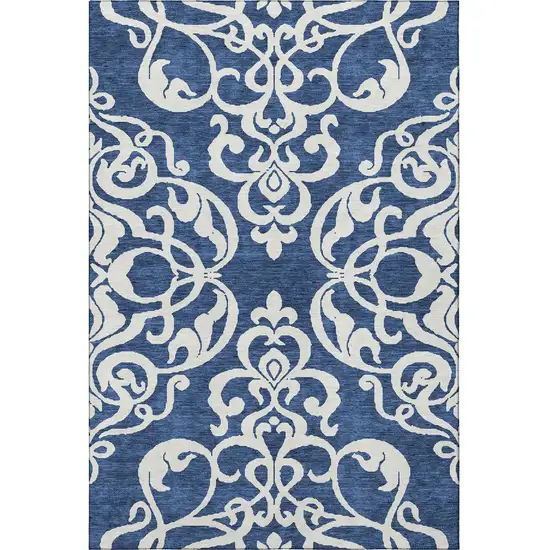 Navy Blue And Ivory Damask Washable Area Rug With UV Protection Photo 3