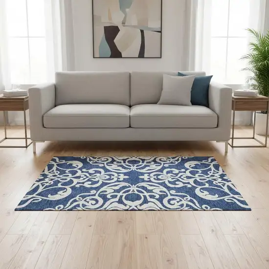 Navy Blue And Ivory Damask Washable Area Rug With UV Protection Photo 2
