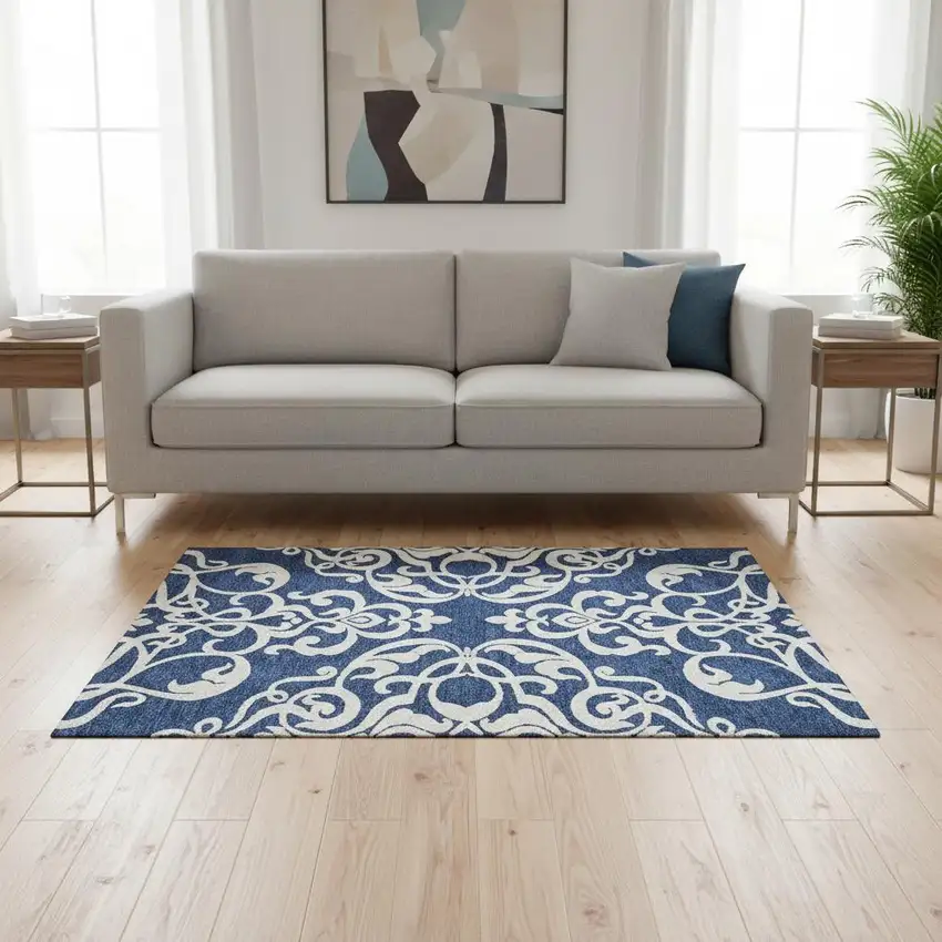 Navy Blue And Ivory Damask Washable Area Rug With UV Protection Photo 2