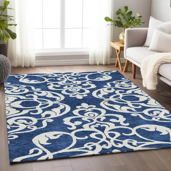 Navy Blue And Ivory Damask Washable Area Rug With UV Protection Photo 4
