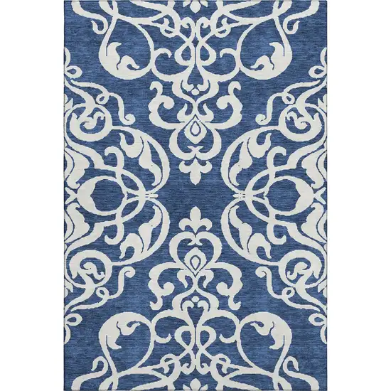 Navy Blue And Ivory Damask Washable Area Rug With UV Protection Photo 1