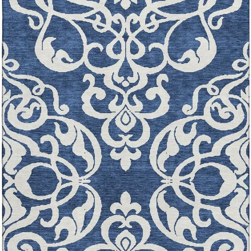Navy Blue And Ivory Damask Washable Area Rug With UV Protection Photo 3