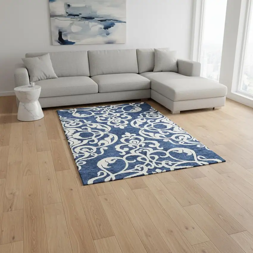 Navy Blue And Ivory Damask Washable Area Rug With UV Protection Photo 2