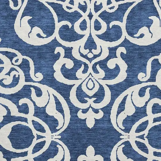 Navy Blue And Ivory Damask Washable Area Rug With UV Protection Photo 2