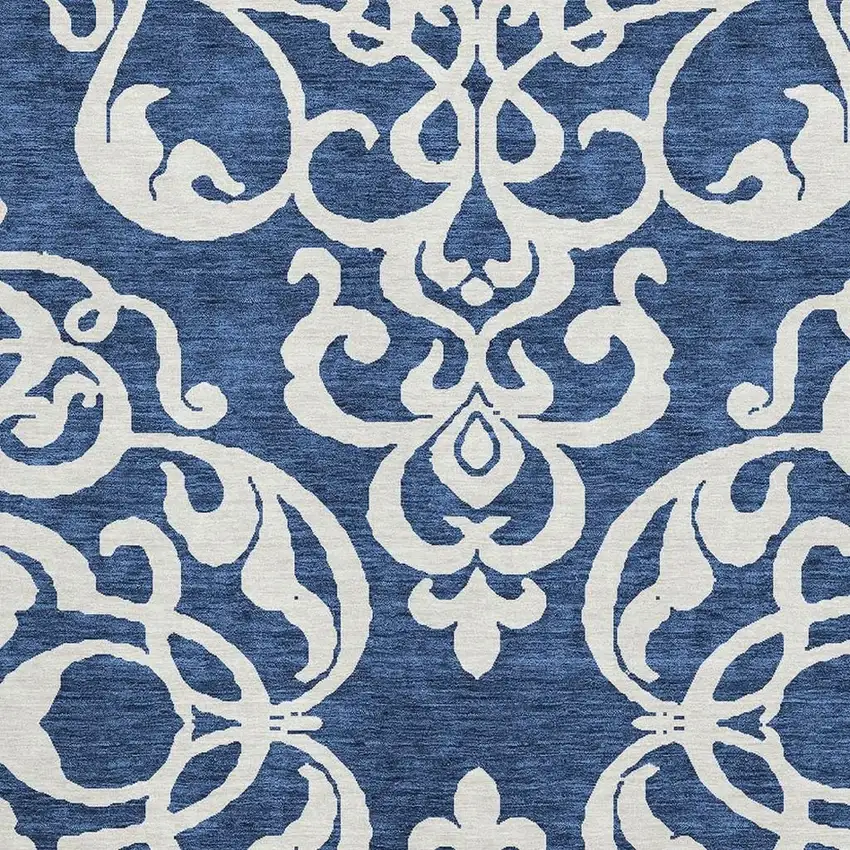 Navy Blue And Ivory Damask Washable Area Rug With UV Protection Photo 2
