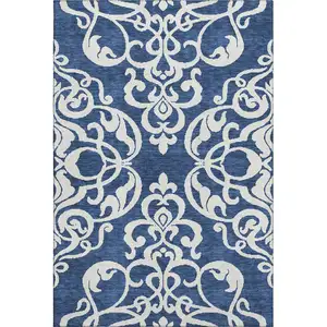 Photo of Navy Blue And Ivory Damask Washable Area Rug With UV Protection